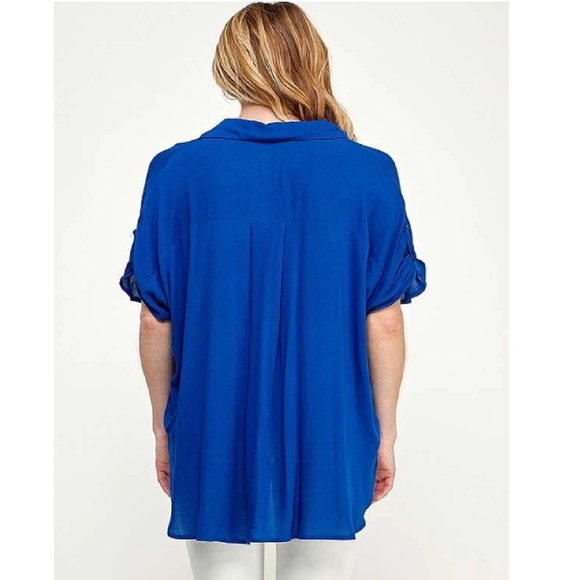 Oversized Short Sleeve Shirt Hi-Lo Rolled Sleeves V-Neck Collar Royal Blue - Picture 3 of 6